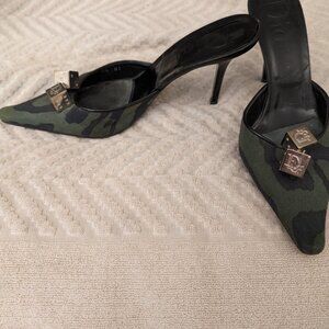 Dior backless dark navy and green cloth shoe with shiny black wood heel